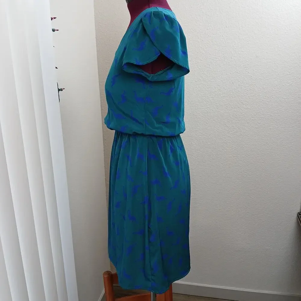 Peach Love California ModCloth Dino Print Dress M green blue blouson midi - Picture 2 of 13